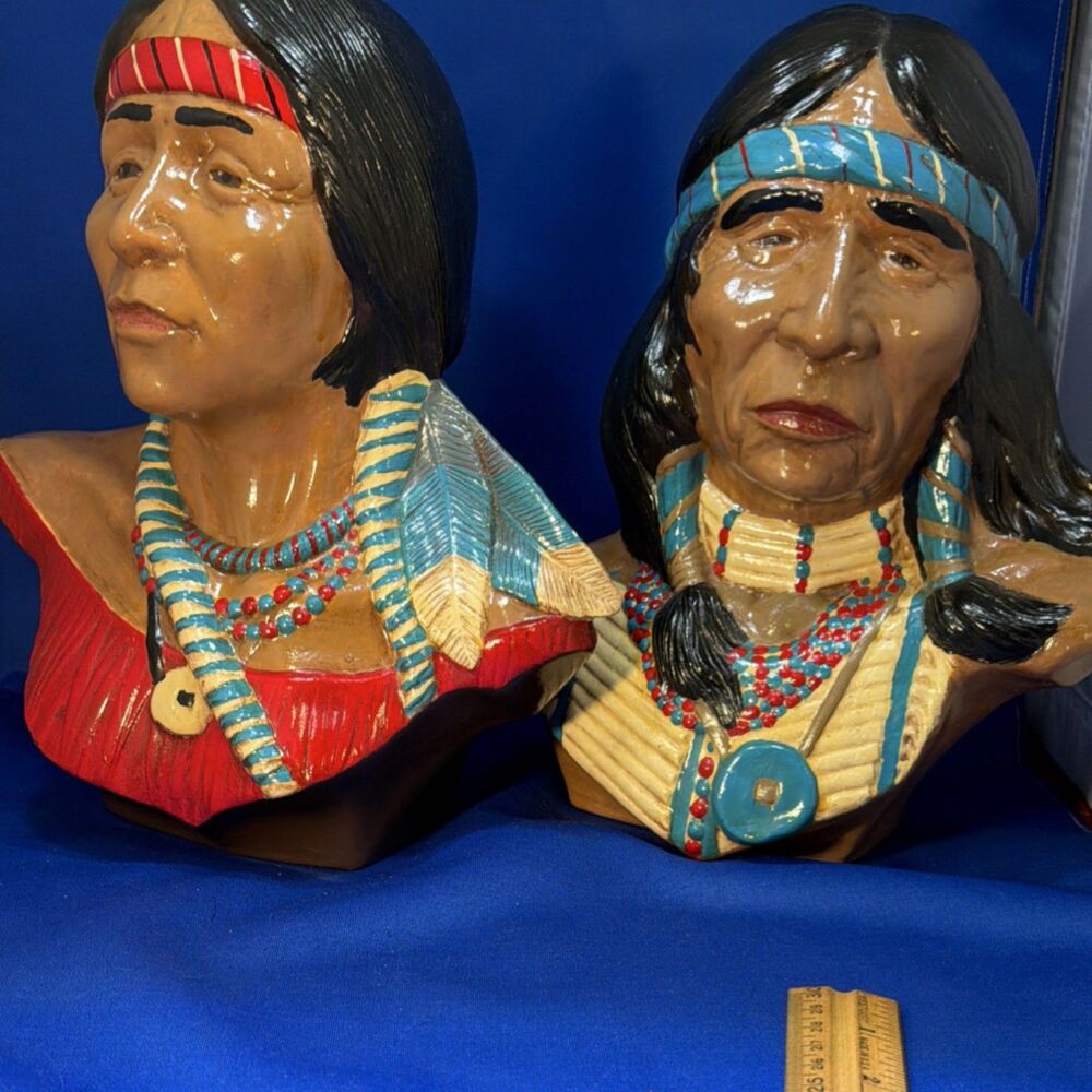 Native American Hand Painted Ceramic Bust Pair, Brave and Wise Woman